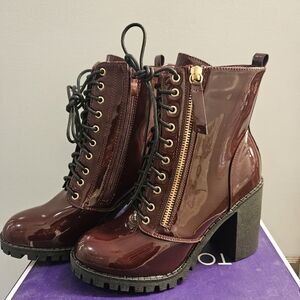NEW Wine Patent Zipper Boots Size 6 1/2